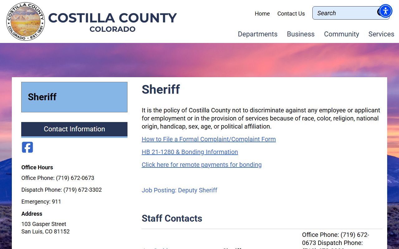 Costilla County inmate population sheriff records page